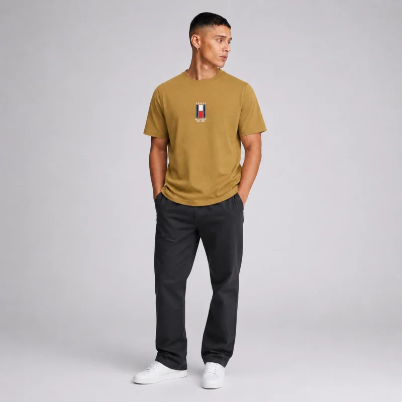 Tommy Hilfiger Men's Mustard Tan T-Shirt - Box Flag Logo Embroidery