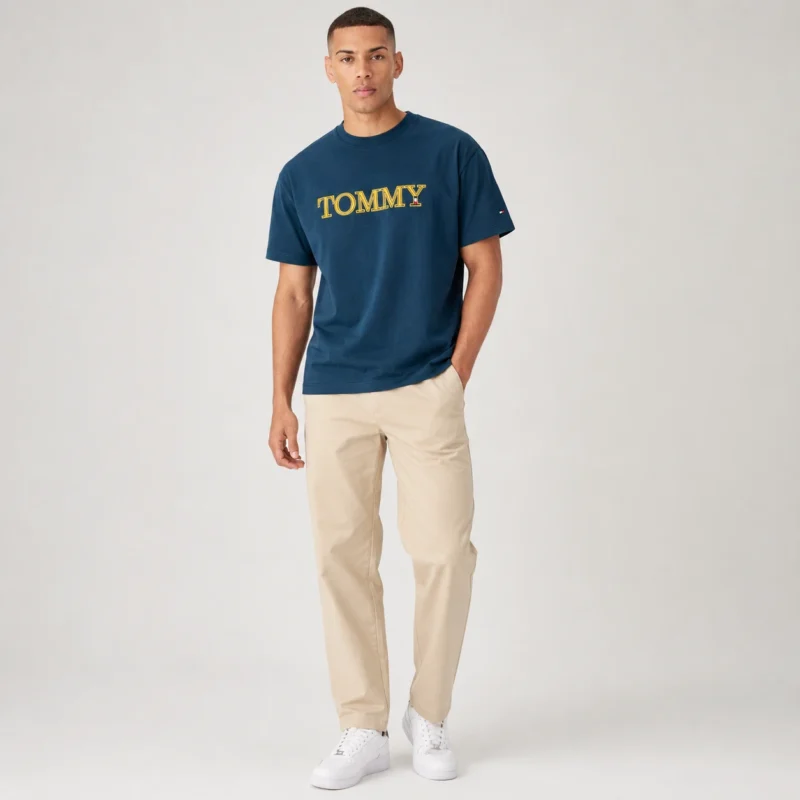 Tommy Hilfiger Men's Dark Teal Green T-Shirt - Varsity Yellow Embroidery