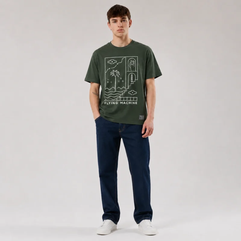 Flying Machine Olive Green "Desert Oasis" Graphic T-Shirt